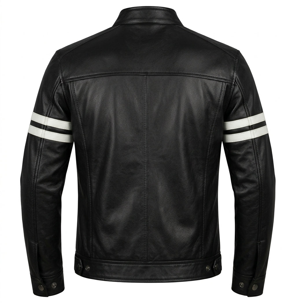 Men's White Leather Biker Jacket with Black Stripes