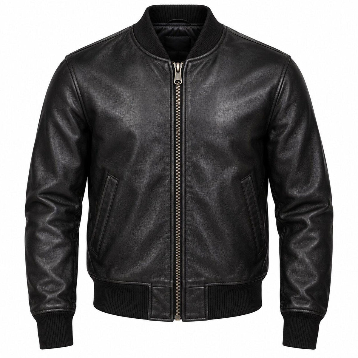 Men's Classic Leather Bomber Jacket with Ribbed Trim
