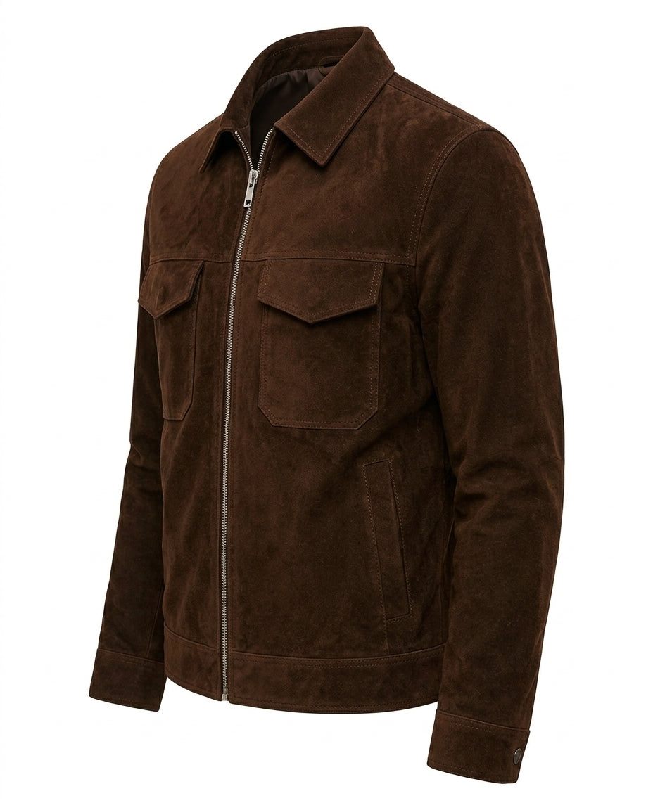 Men's Brown Suede Leather Bomber Jacket Zipper