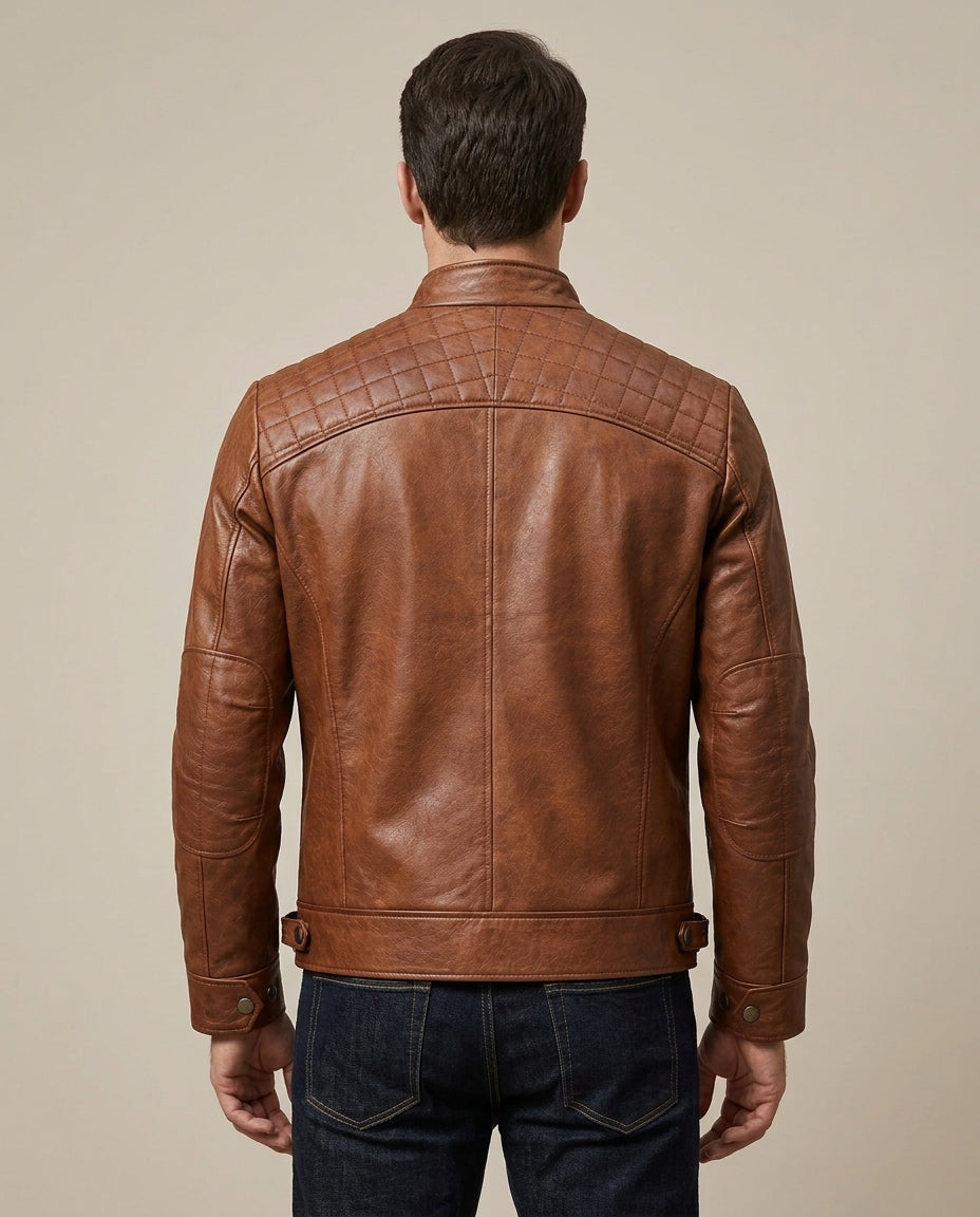 Men's Brown Leather Jacket with Quilted Shoulders