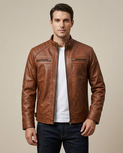 Men's Brown Leather Jacket with Quilted Shoulders