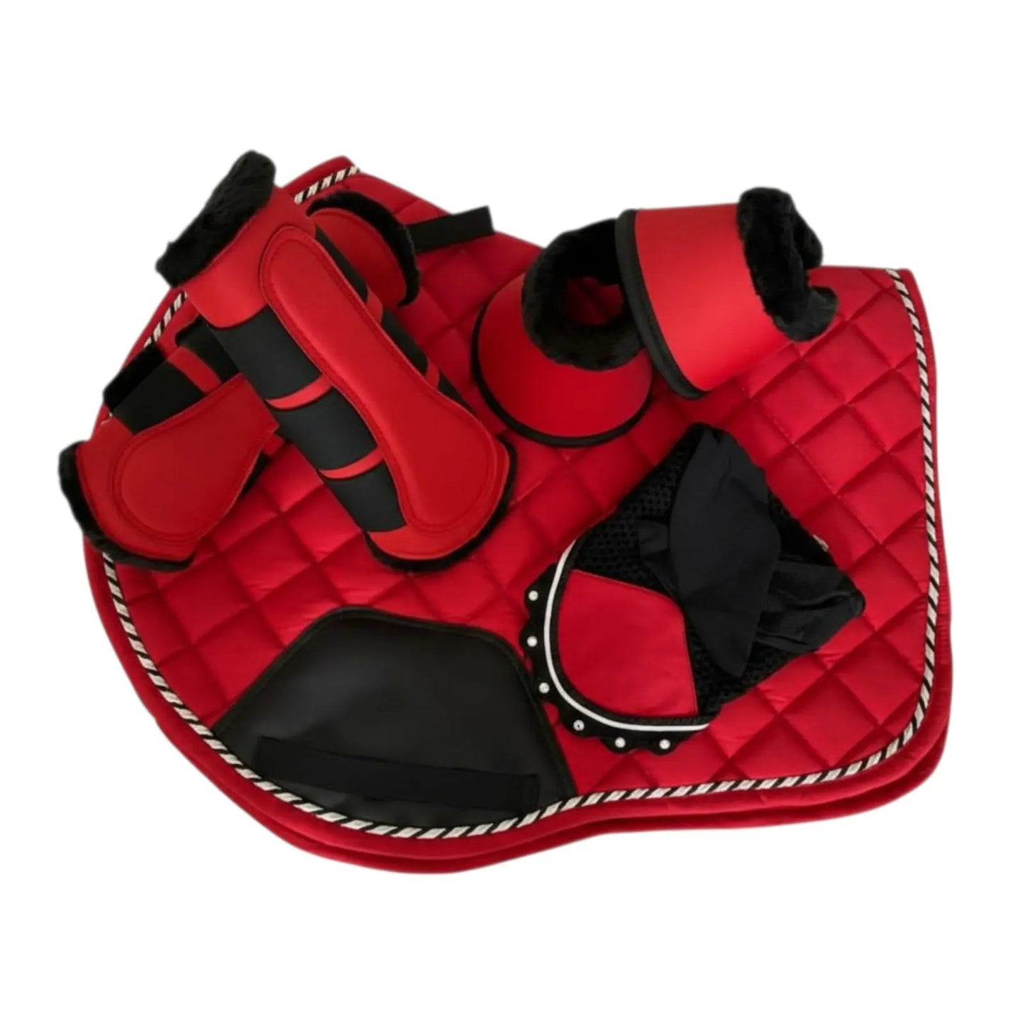 Equestrian Matching Tack Set – Saddle Pad, Brushing Boots, Bell Boots, Ear Bonnet