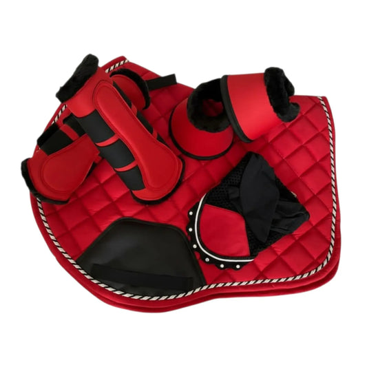 Equestrian Matching Tack Set – Saddle Pad, Brushing Boots, Bell Boots, Ear Bonnet