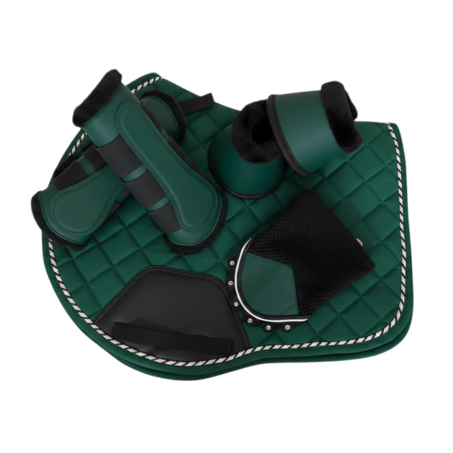 Equestrian Matching Tack Set – Saddle Pad, Brushing Boots, Bell Boots, Ear Bonnet