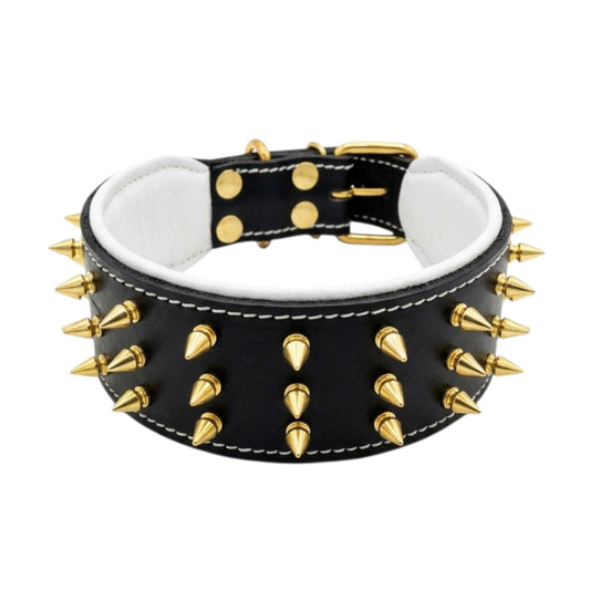 Black Leather Spiked Dog Collar – 3 Inch Wide Padded Heavy Duty Collar for Large & Strong Dogs