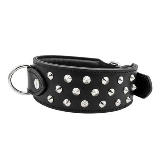 Black Leather Studded Dog Collar – 3 Inch Wide Padded Heavy Duty Collar for Large & Strong Dogs