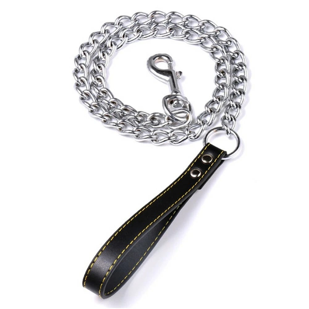 Chain Dog Leash with Leather Handle – Chew-Resistant & Durable