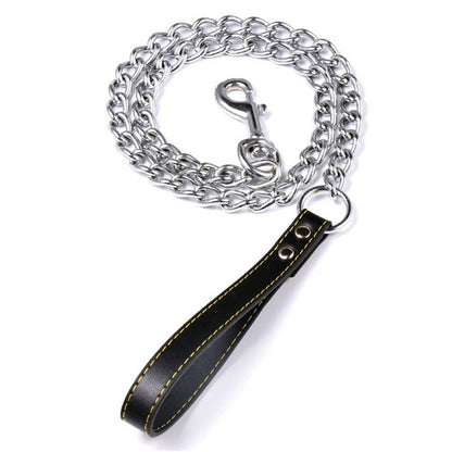Chain Dog Leash with Leather Handle – Chew-Resistant & Durable