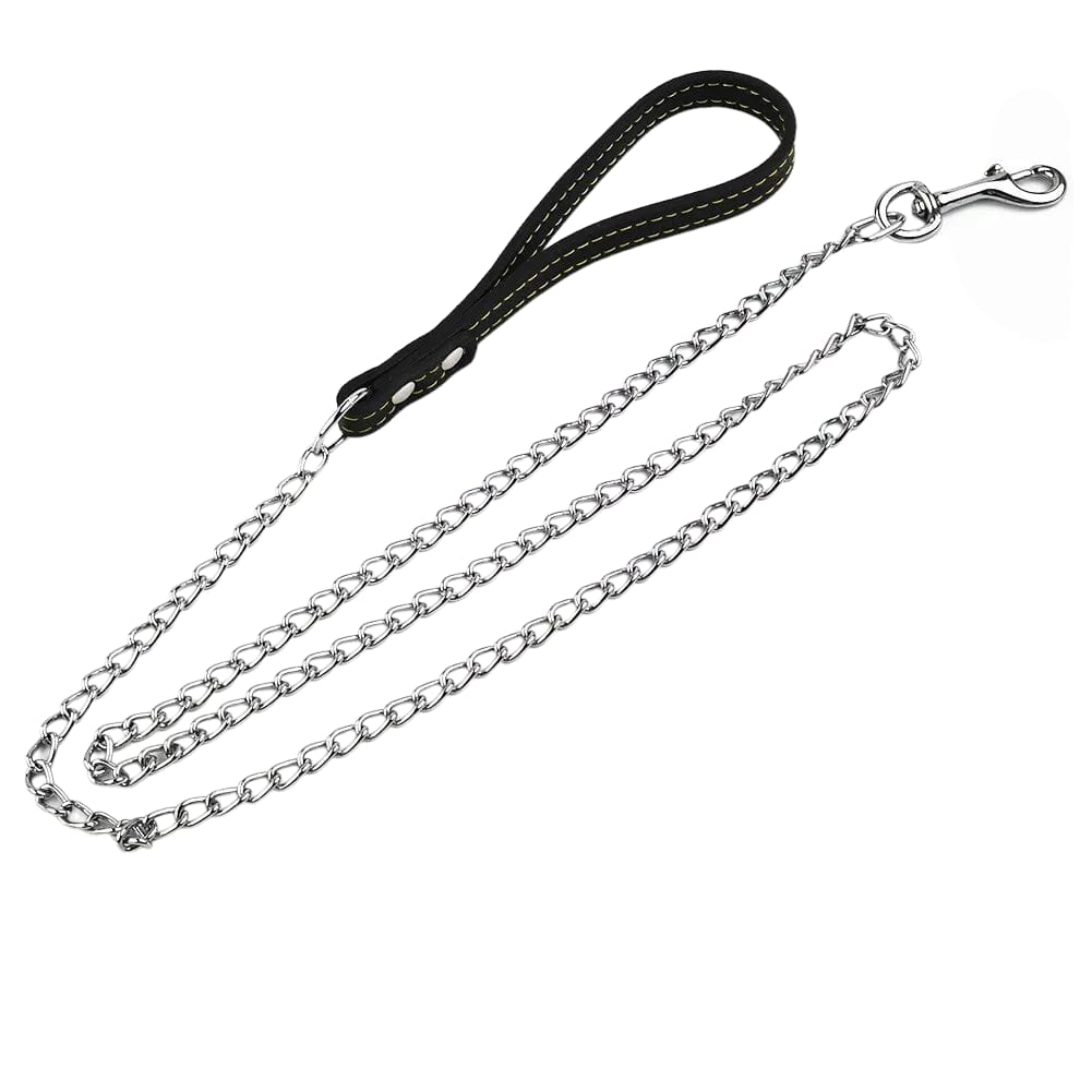 Chain Dog Leash with Leather Handle – Chew-Resistant & Durable