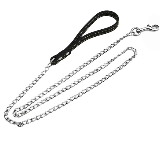 Chain Dog Leash with Leather Handle – Chew-Resistant & Durable