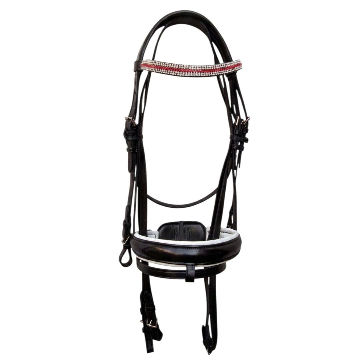 Leather Horse Bridle with Crystal Browband & White Padded Noseband