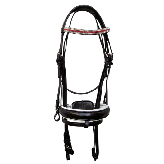 Leather Horse Bridle with Crystal Browband & White Padded Noseband