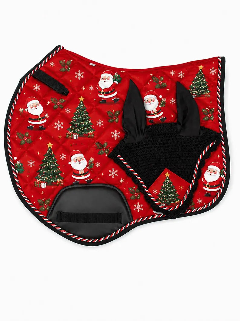 Santa Claus Christmas Horse Saddle Pad & Ear Bonnet Set – Holiday Equestrian Tack