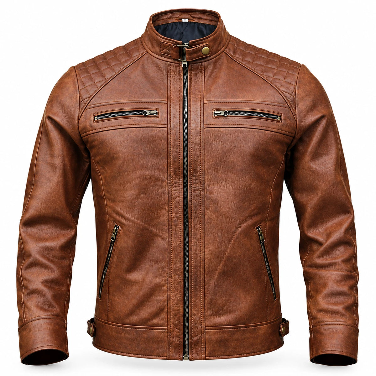 Men's Brown Leather Jacket with Quilted Shoulders