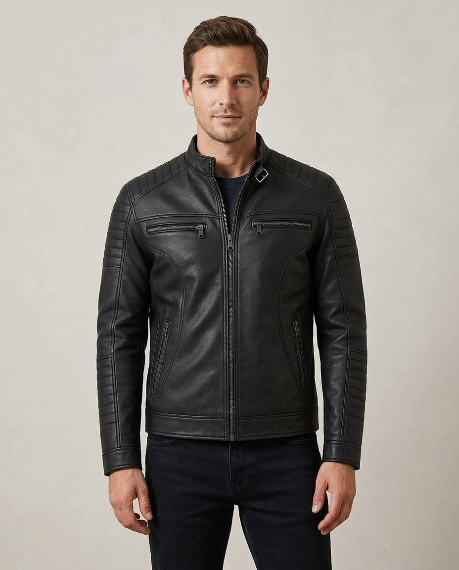Men's Black Leather Biker Jacket with Quilted Detailing