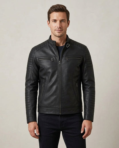 Men's Black Leather Biker Jacket with Quilted Detailing