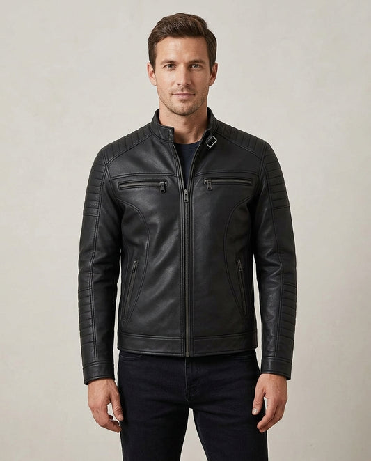 Men's Black Leather Biker Jacket with Quilted Detailing
