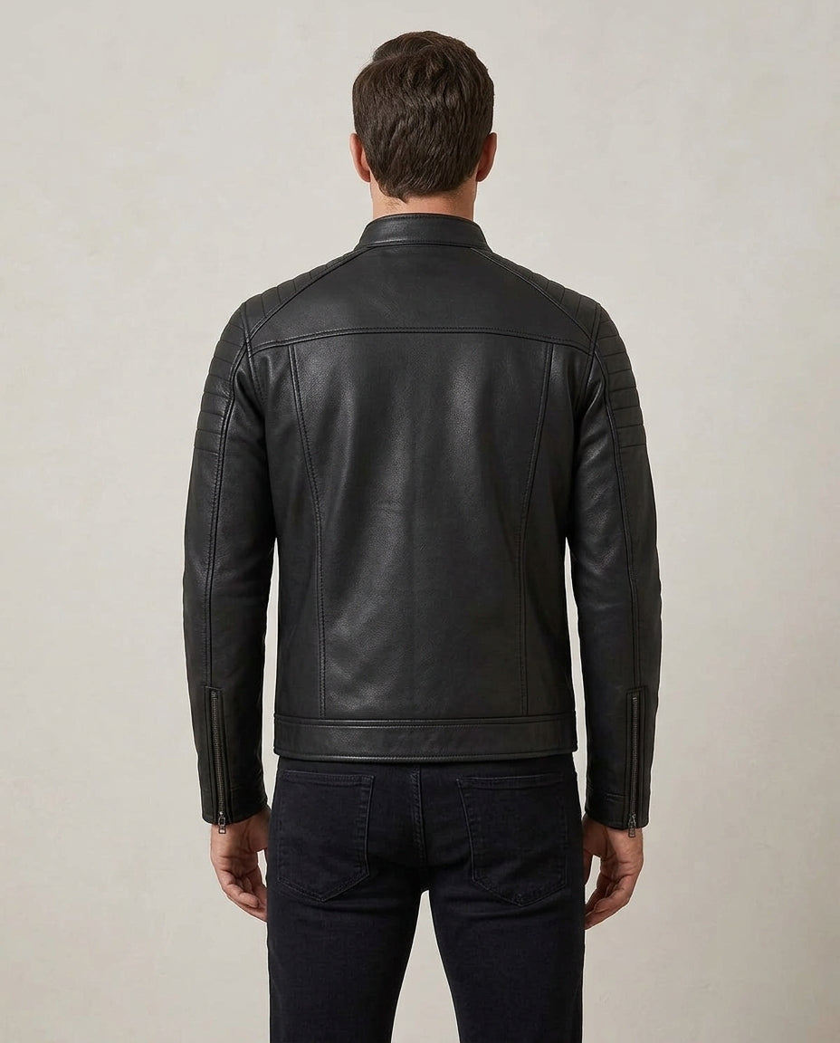 Men's Black Leather Biker Jacket with Quilted Detailing