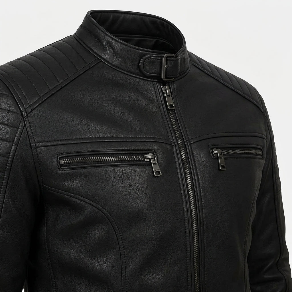 Men's Black Leather Biker Jacket with Quilted Detailing