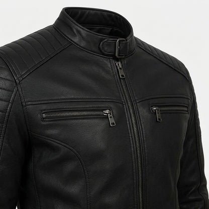 Men's Black Leather Biker Jacket with Quilted Detailing