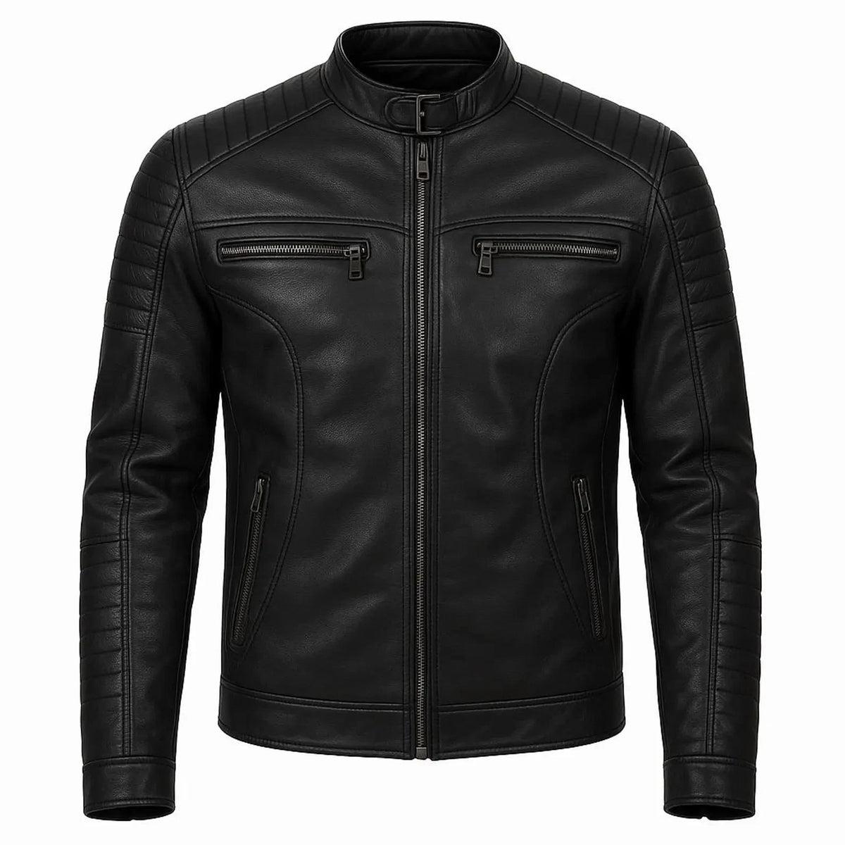 Men's Black Leather Biker Jacket with Quilted Detailing