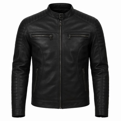 Men's Black Leather Biker Jacket with Quilted Detailing