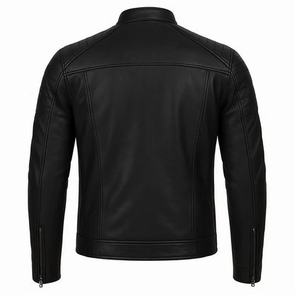 Men's Black Leather Biker Jacket with Quilted Detailing