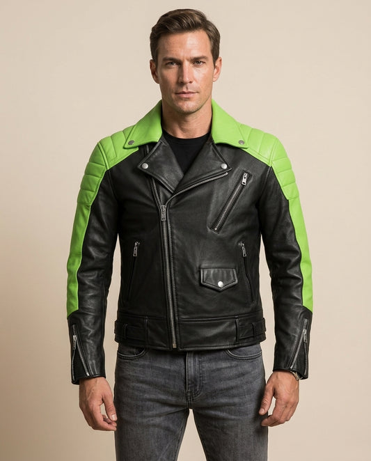 Men's Black & Lime Green Biker Leather Jacket with Padded Shoulders