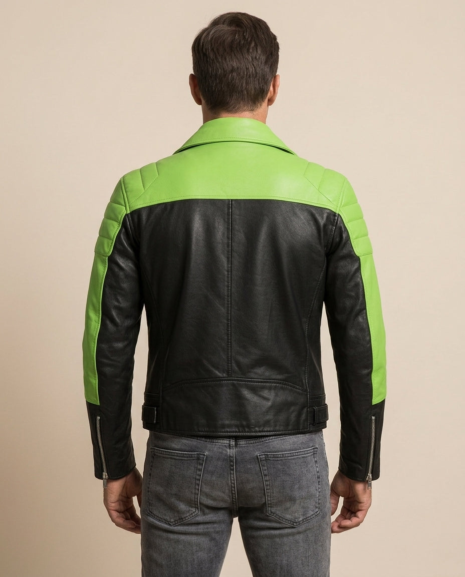 Men's Black & Lime Green Biker Leather Jacket with Padded Shoulders