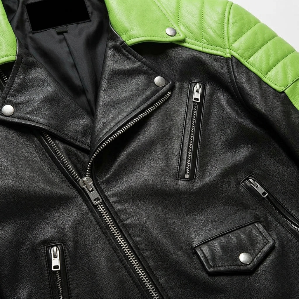 Men's Black & Lime Green Biker Leather Jacket with Padded Shoulders