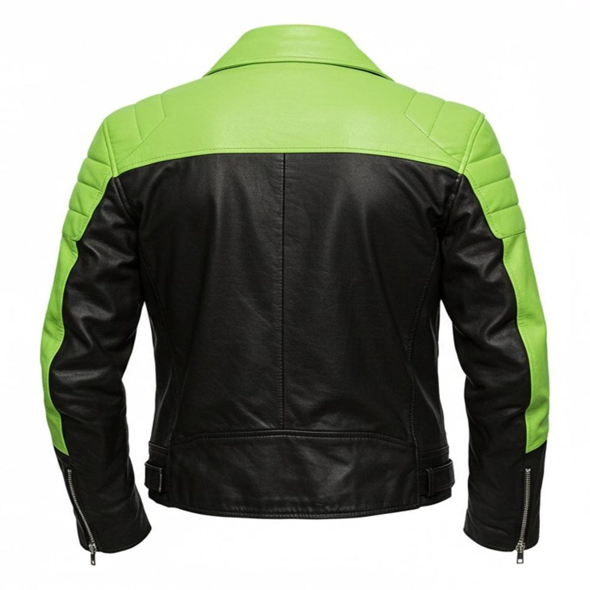 Men's Black & Lime Green Biker Leather Jacket with Padded Shoulders