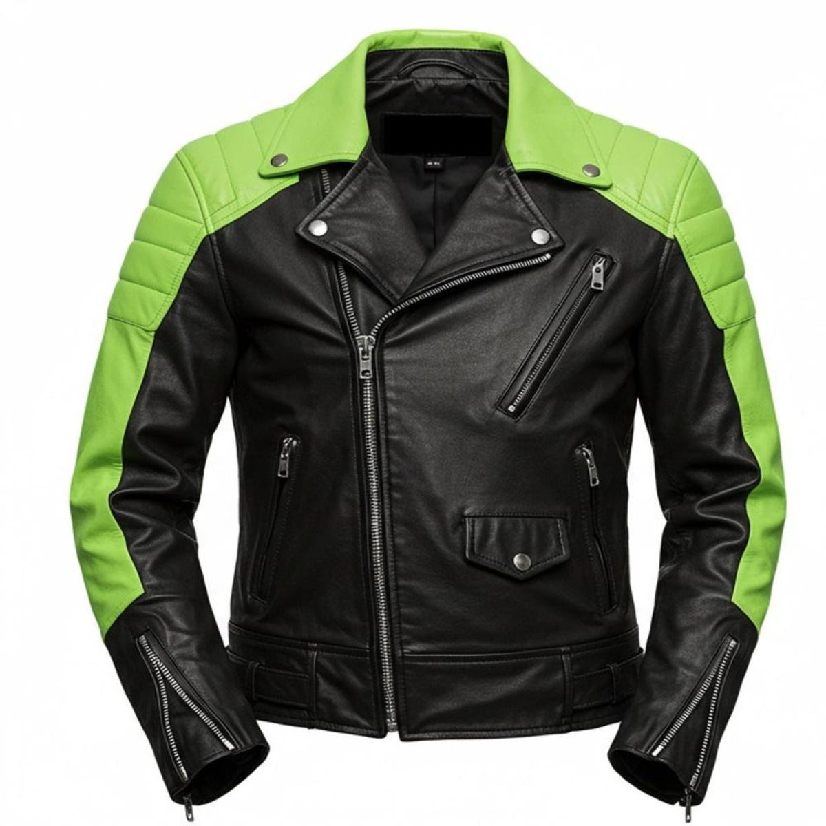 Men's Black & Lime Green Biker Leather Jacket with Padded Shoulders