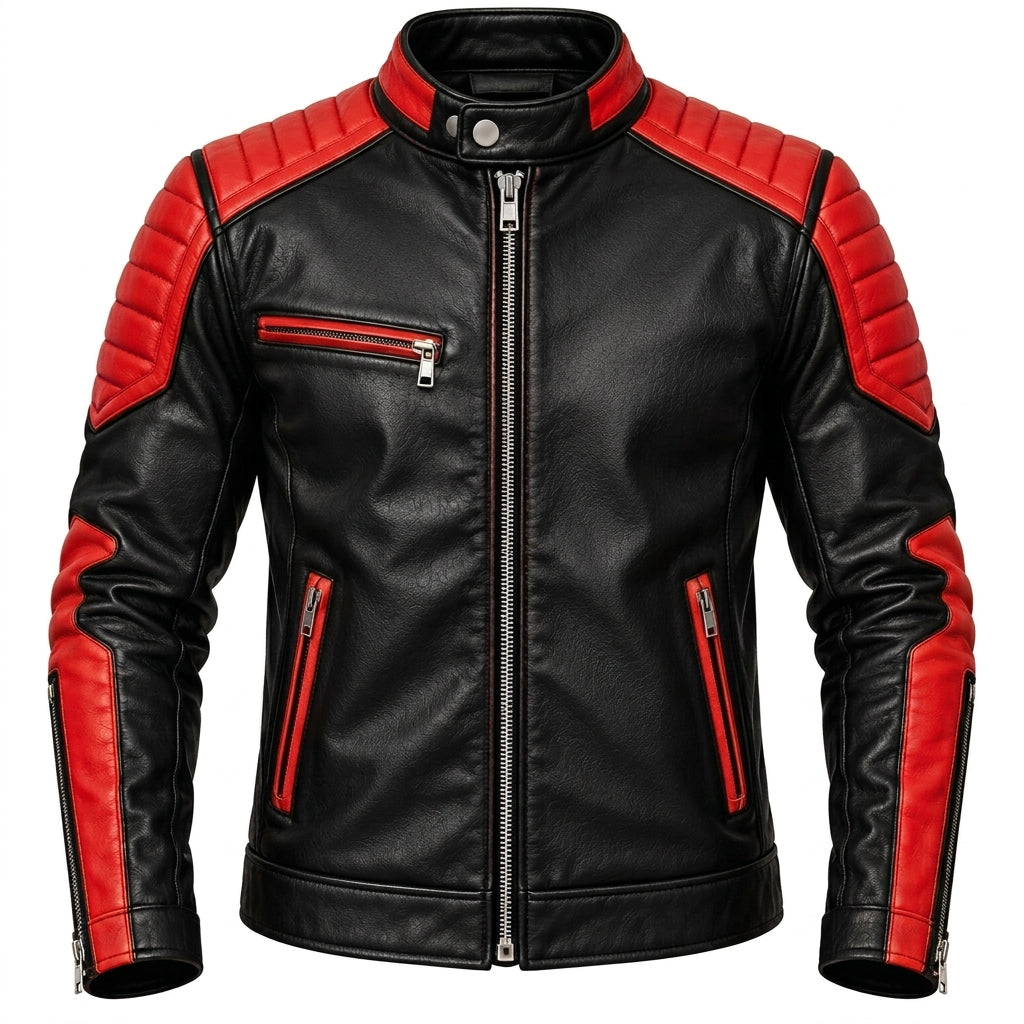 Men's Black & Red Leather Biker Jacket with Quilted Shoulders