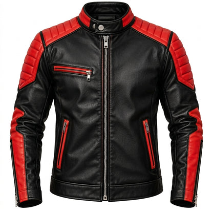 Men's Black & Red Leather Biker Jacket with Quilted Shoulders
