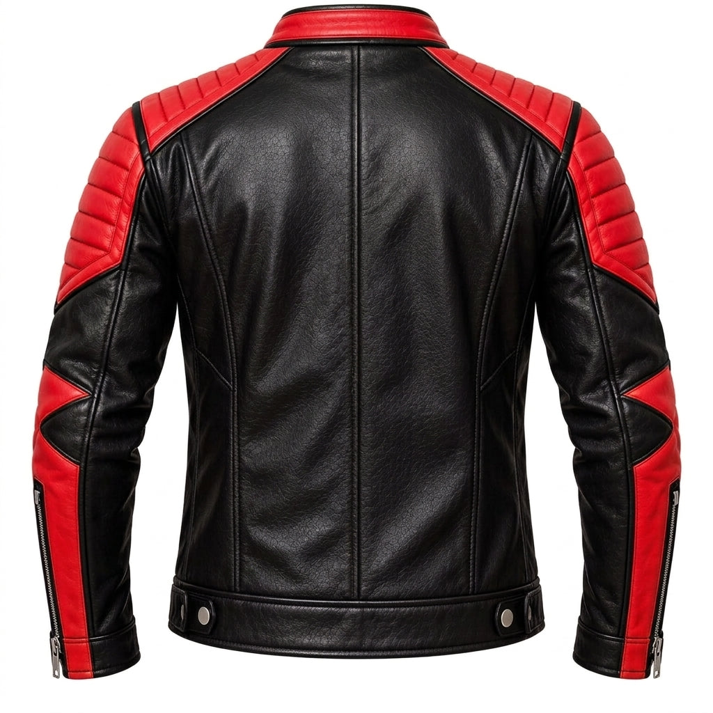 Men's Black & Red Leather Biker Jacket with Quilted Shoulders