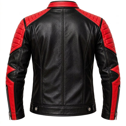 Men's Black & Red Leather Biker Jacket with Quilted Shoulders