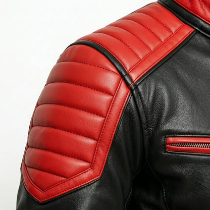 Men's Black & Red Leather Biker Jacket with Quilted Shoulders