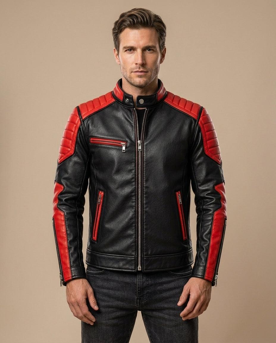 Men's Black & Red Leather Biker Jacket with Quilted Shoulders