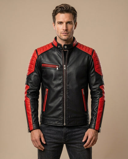 Men's Black & Red Leather Biker Jacket with Quilted Shoulders