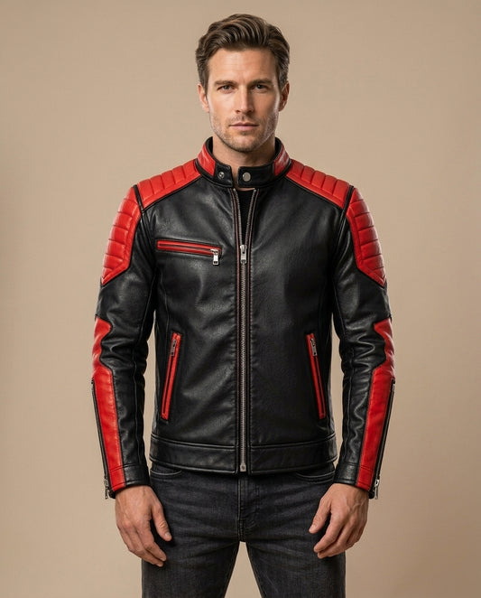 Men's Black & Red Leather Biker Jacket with Quilted Shoulders