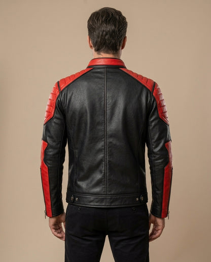 Men's Black & Red Leather Biker Jacket with Quilted Shoulders