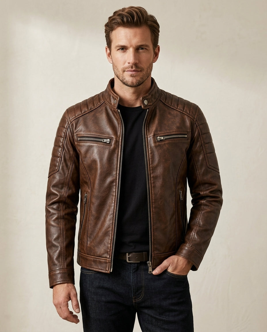Men's Premium Brown Quilted Moto Leather Jacket
