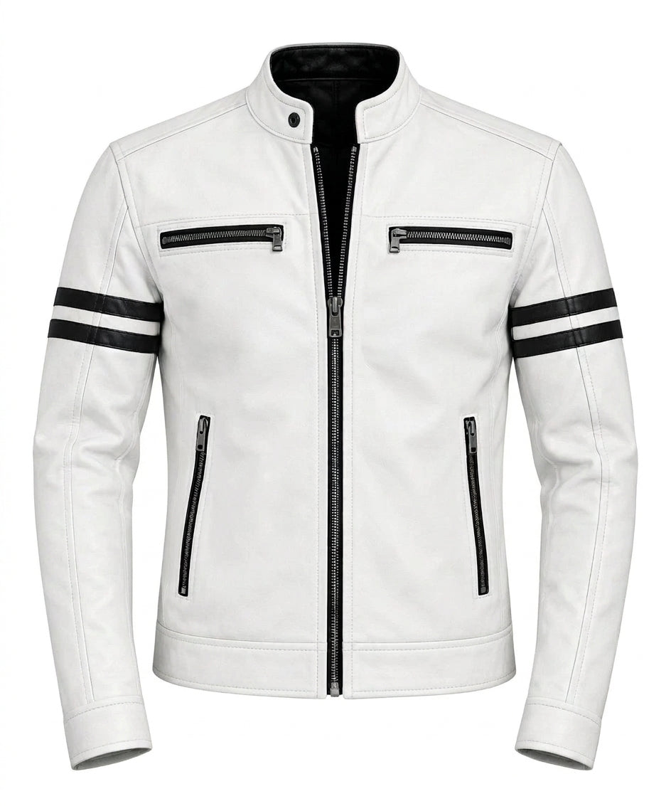 Men's White Leather Biker Jacket with Black Stripes