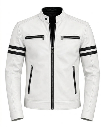 Men's White Leather Biker Jacket with Black Stripes