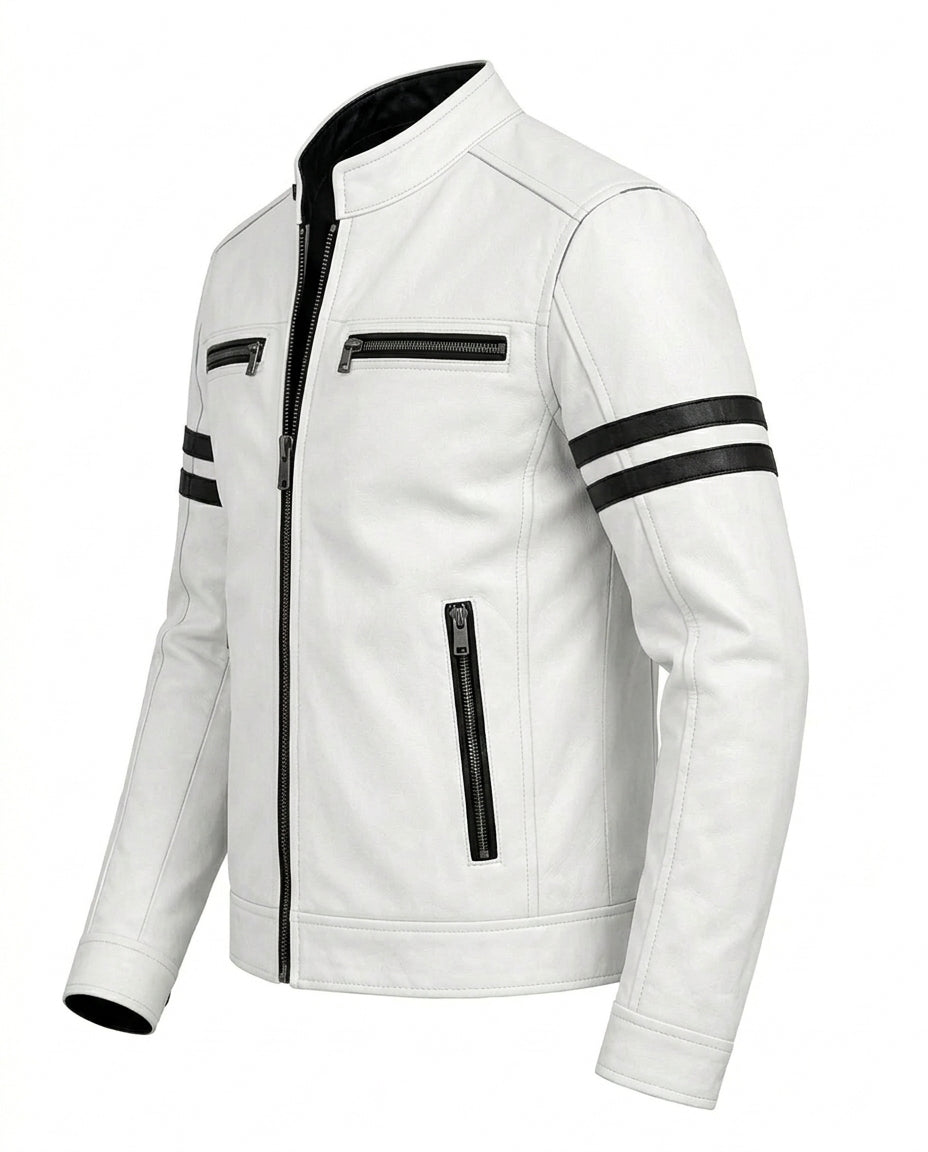 Men's White Leather Biker Jacket with Black Stripes