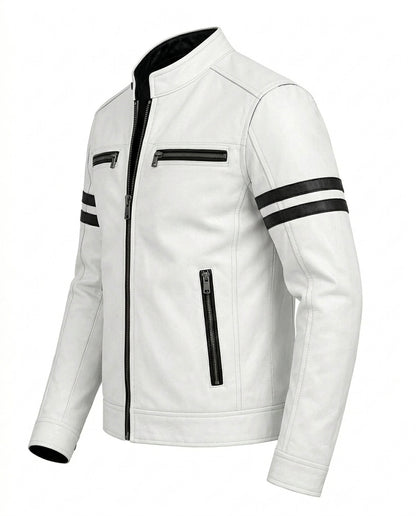 Men's White Leather Biker Jacket with Black Stripes