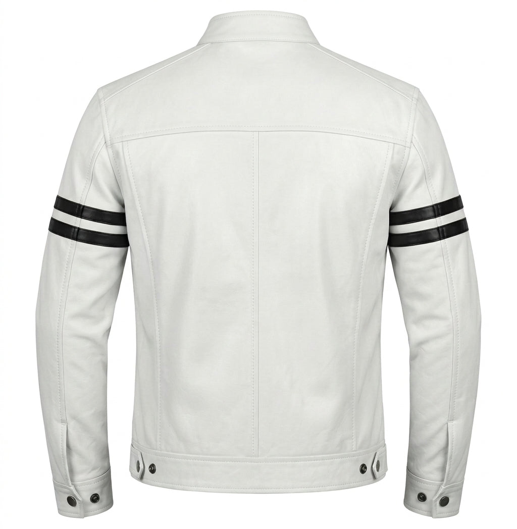 Men's White Leather Biker Jacket with Black Stripes