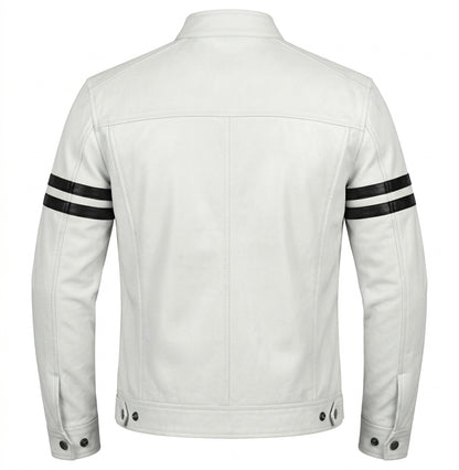 Men's White Leather Biker Jacket with Black Stripes