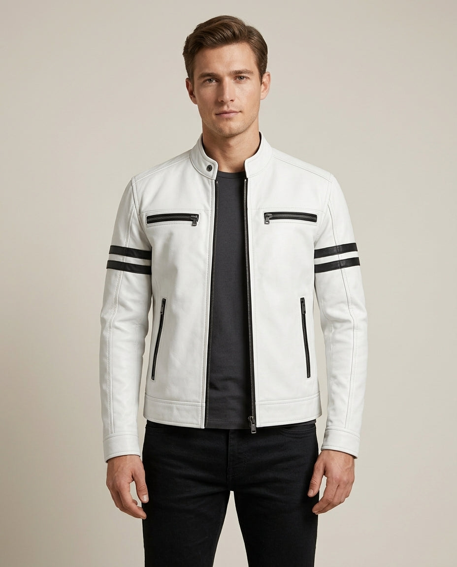 Men's White Leather Biker Jacket with Black Stripes