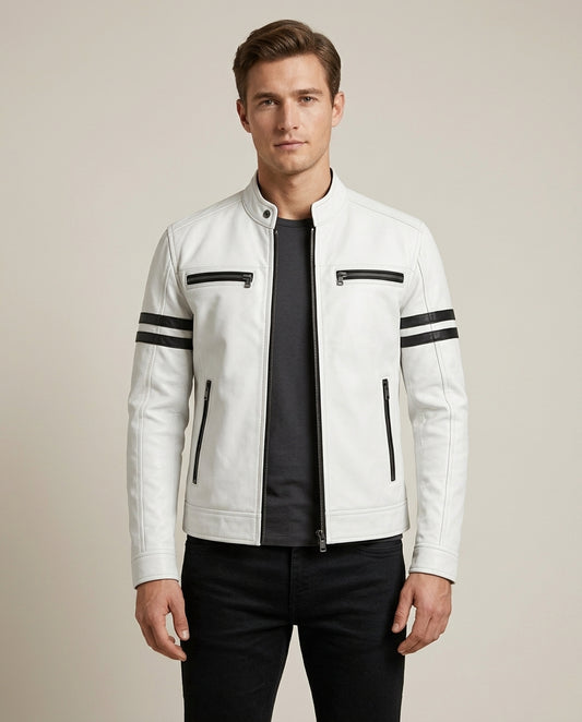 Men's White Leather Biker Jacket with Black Stripes